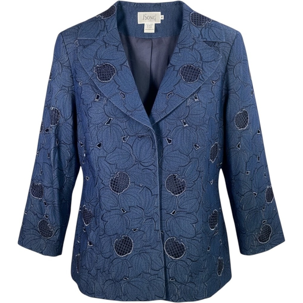 JSong Collection‎ Floral Eyelet Denim Blazer Womens 14 Embroidered Jacket Boho